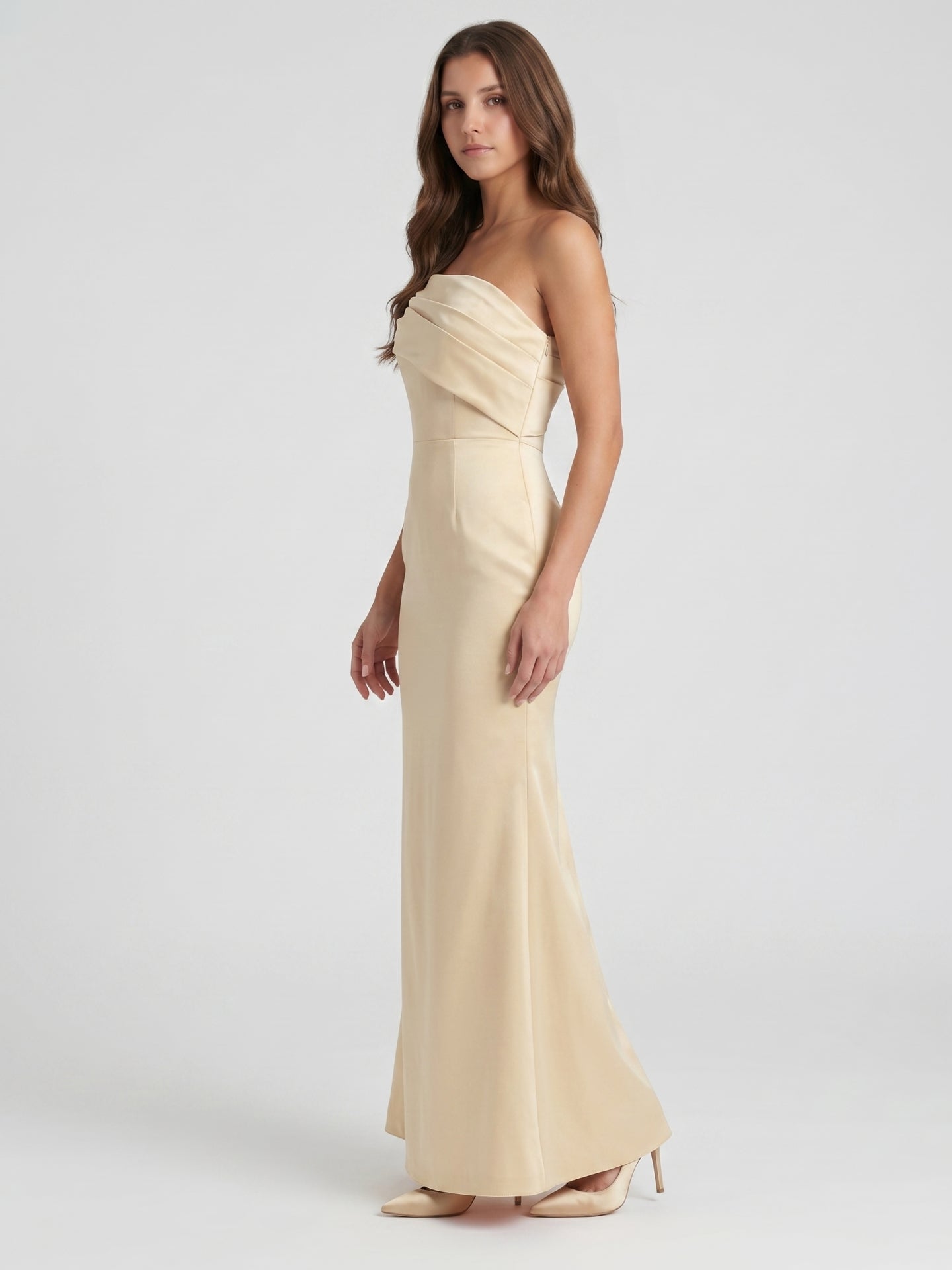 Champagne Satin Sheath Off-the-Shoulder Side Zip Floor-Length Bridesmaid Dress - Curvevia