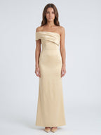 Champagne Satin Sheath Off-the-Shoulder Side Zip Floor-Length Bridesmaid Dress - Curvevia