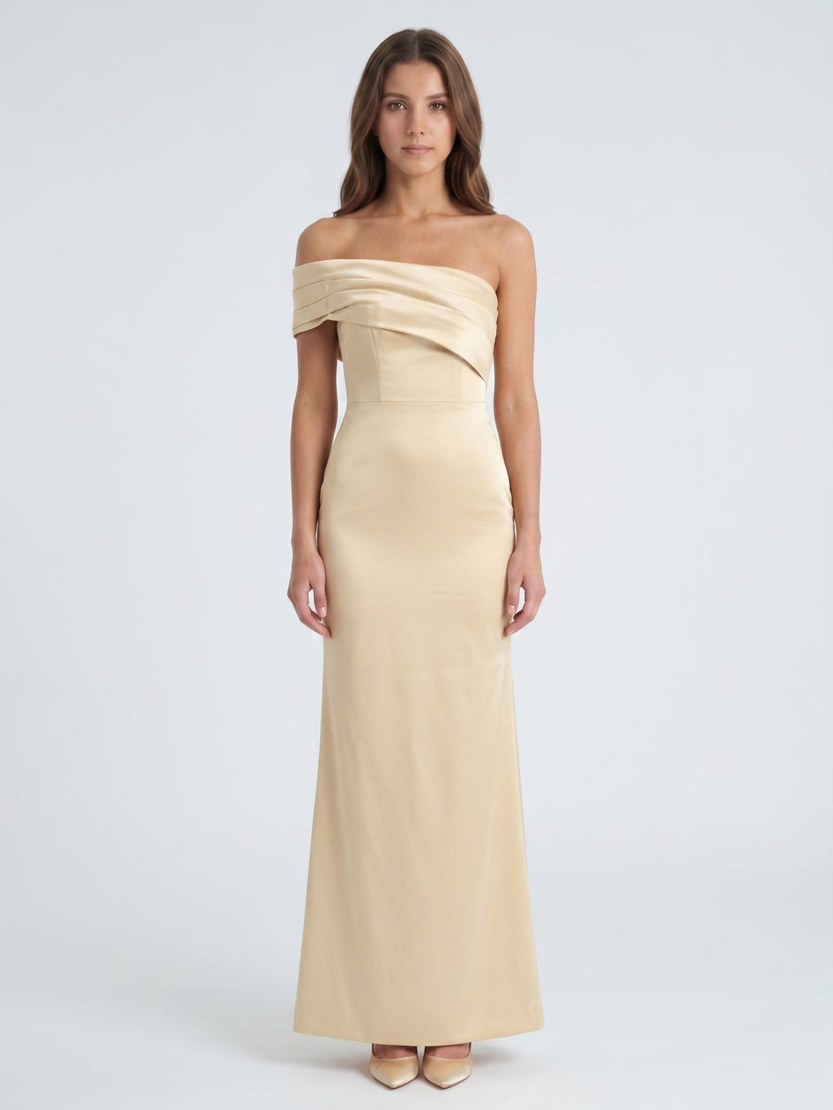 Champagne Satin Sheath Off-the-Shoulder Side Zip Floor-Length Bridesmaid Dress - Curvevia