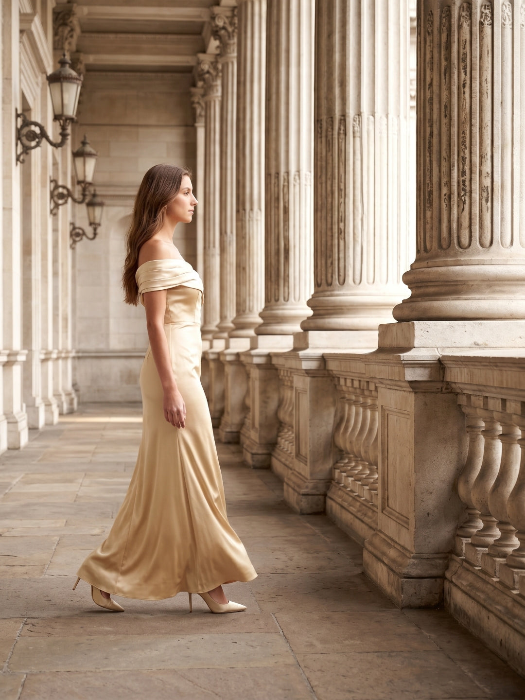 Champagne Satin Sheath Off-the-Shoulder Side Zip Floor-Length Bridesmaid Dress - Curvevia