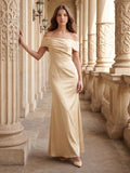 Champagne Satin Sheath Off-the-Shoulder Side Zip Floor-Length Bridesmaid Dress - Curvevia