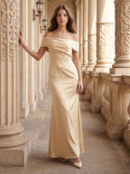 Champagne Satin Sheath Off-the-Shoulder Side Zip Floor-Length Bridesmaid Dress - Curvevia