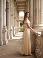 Champagne Satin Sheath Off-the-Shoulder Side Zip Floor-Length Bridesmaid Dress - Curvevia