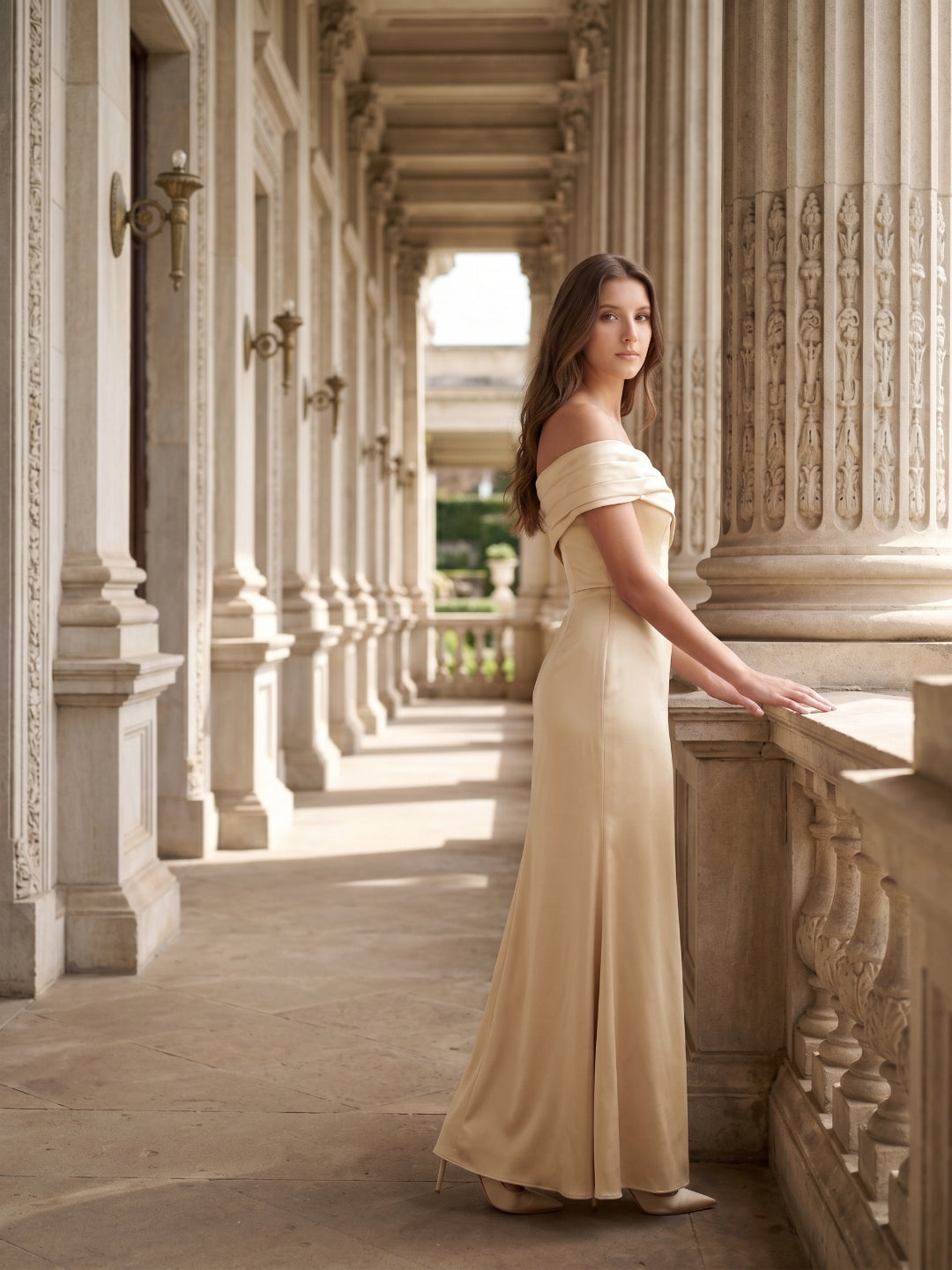 Champagne Satin Sheath Off-the-Shoulder Side Zip Floor-Length Bridesmaid Dress - Curvevia