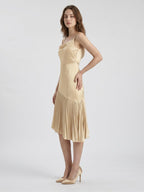 Champagne Satin Sheath Square Neck Side Zip Knee-Length Bridesmaid Dress with Pleats - Curvevia