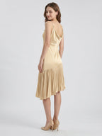 Champagne Satin Sheath Square Neck Side Zip Knee-Length Bridesmaid Dress with Pleats - Curvevia