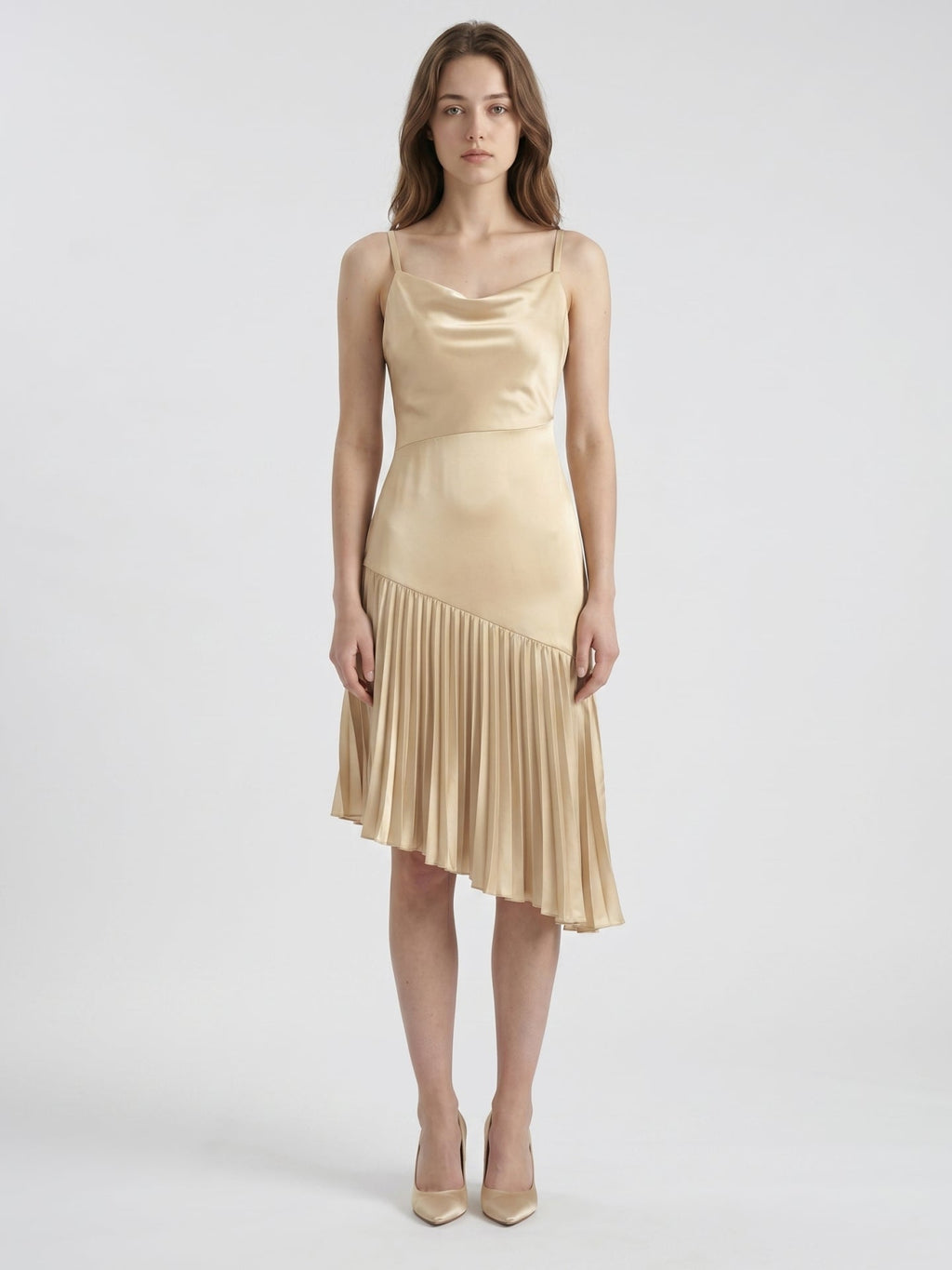 Champagne Satin Sheath Square Neck Side Zip Knee-Length Bridesmaid Dress with Pleats - Curvevia