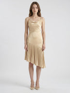 Champagne Satin Sheath Square Neck Side Zip Knee-Length Bridesmaid Dress with Pleats - Curvevia