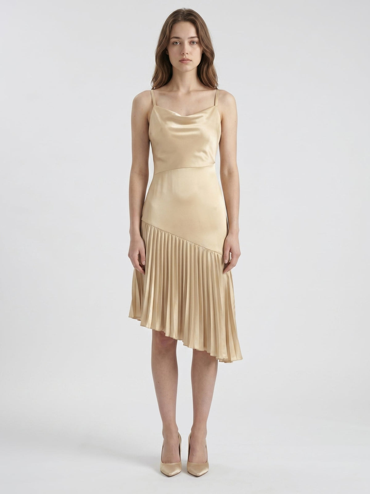 Champagne Satin Sheath Square Neck Side Zip Knee-Length Bridesmaid Dress with Pleats - Curvevia