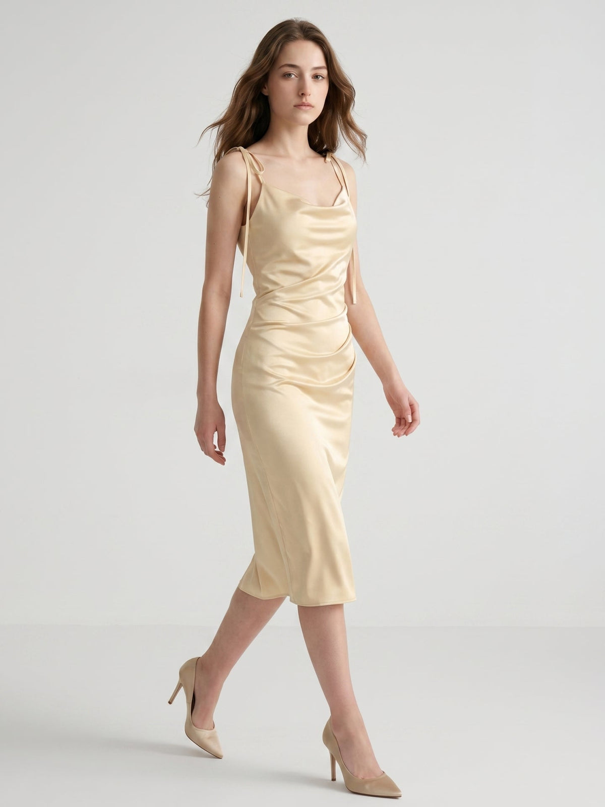 Champagne Satin Sheath Square Neck V-Back Knee-Length Bridesmaid Dress - Curvevia