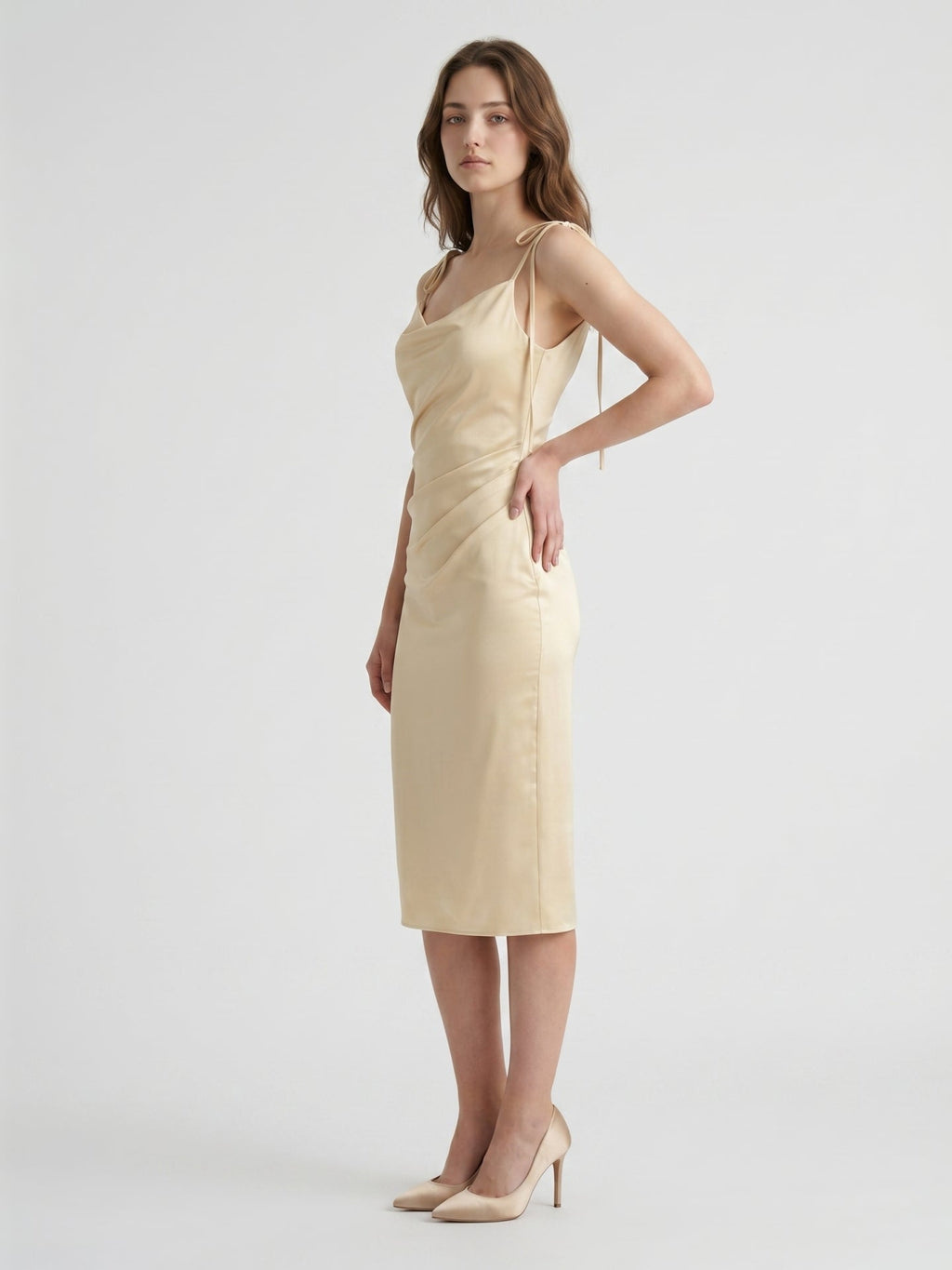 Champagne Satin Sheath Square Neck V-Back Knee-Length Bridesmaid Dress - Curvevia