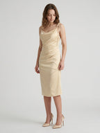 Champagne Satin Sheath Square Neck V-Back Knee-Length Bridesmaid Dress - Curvevia
