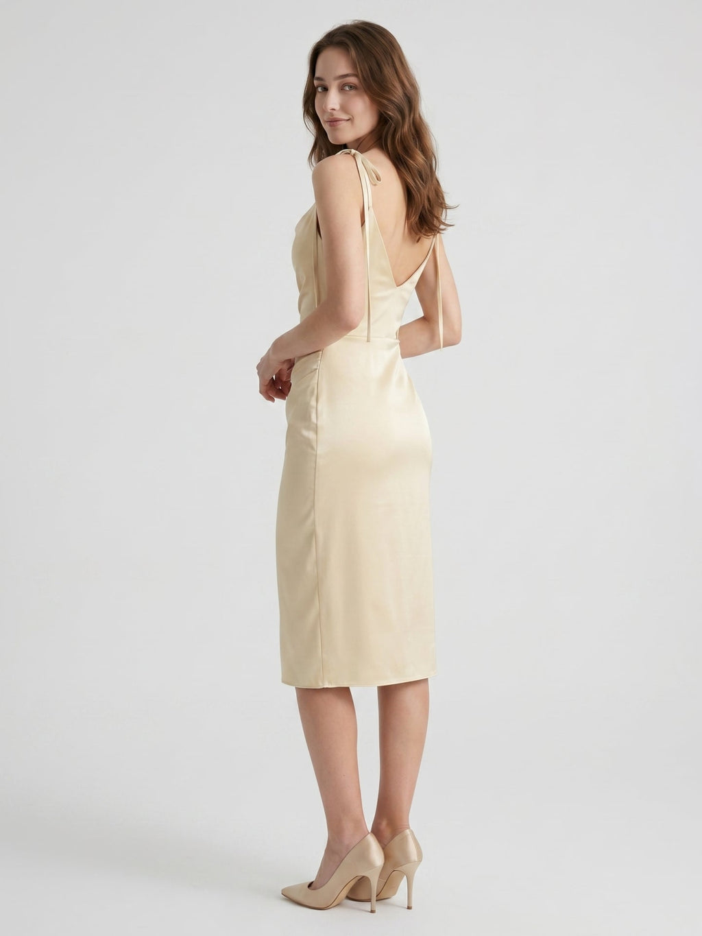 Champagne Satin Sheath Square Neck V-Back Knee-Length Bridesmaid Dress - Curvevia