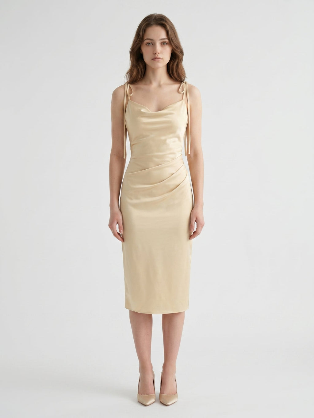 Champagne Satin Sheath Square Neck V-Back Knee-Length Bridesmaid Dress - Curvevia