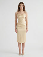 Champagne Satin Sheath Square Neck V-Back Knee-Length Bridesmaid Dress - Curvevia