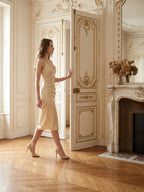 Champagne Satin Sheath Square Neck V-Back Knee-Length Bridesmaid Dress - Curvevia