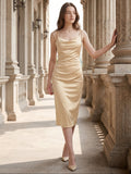Champagne Satin Sheath Square Neck V-Back Knee-Length Bridesmaid Dress - Curvevia