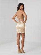 Champagne Satin Sheath Straight Neck Back Zip Short Dress with Sequins - Curvevia