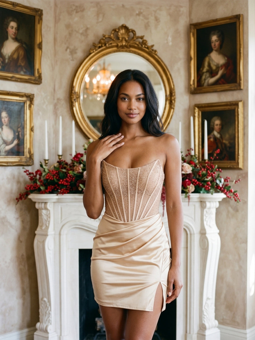 Champagne Satin Sheath Straight Neck Back Zip Short Dress with Sequins - Curvevia
