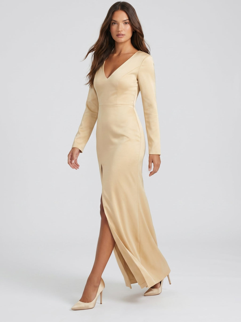 Champagne Satin Sheath V-Neck Back Zip Floor-Length Bridesmaid Dress - Curvevia