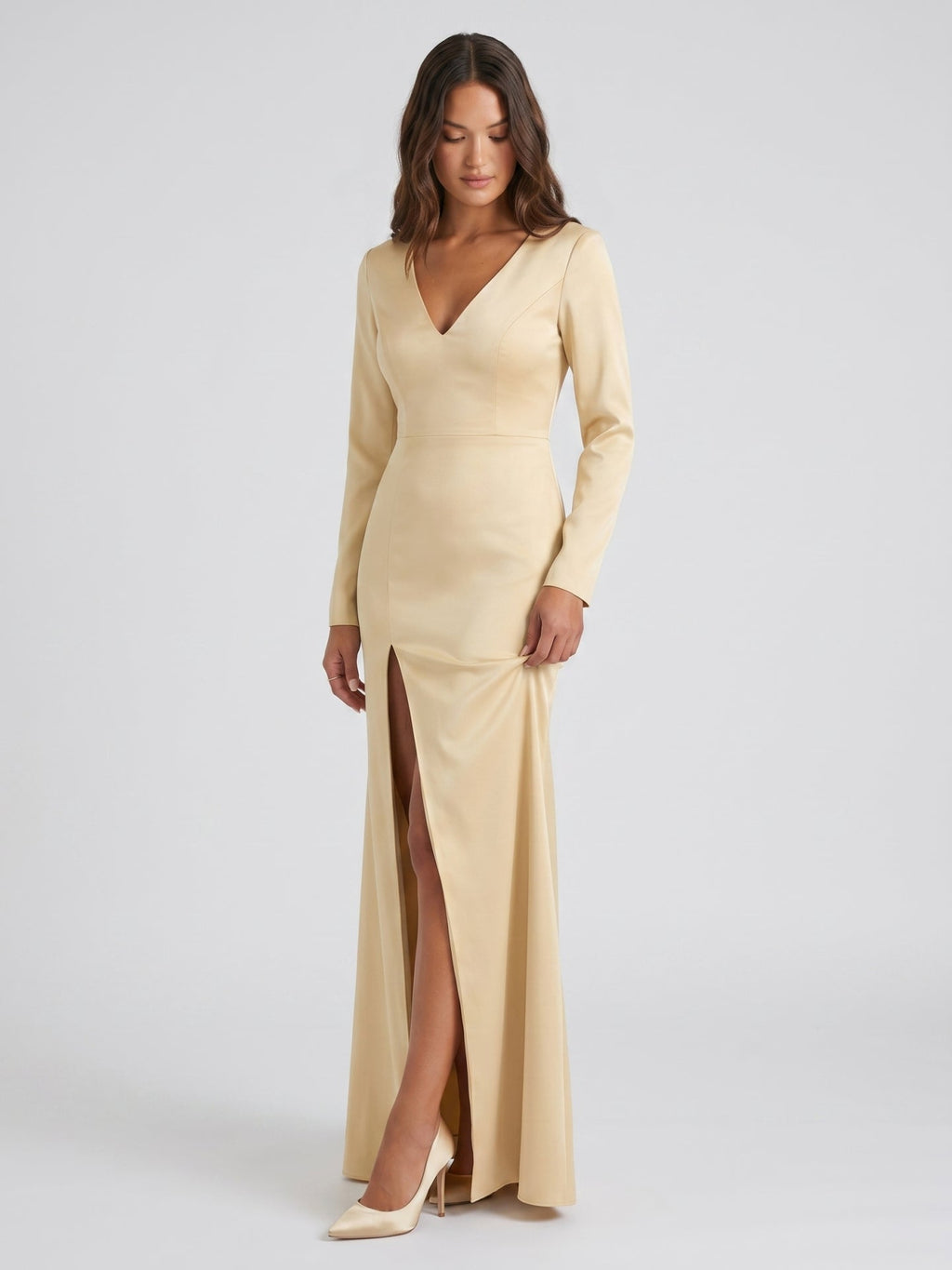 Champagne Satin Sheath V-Neck Back Zip Floor-Length Bridesmaid Dress - Curvevia