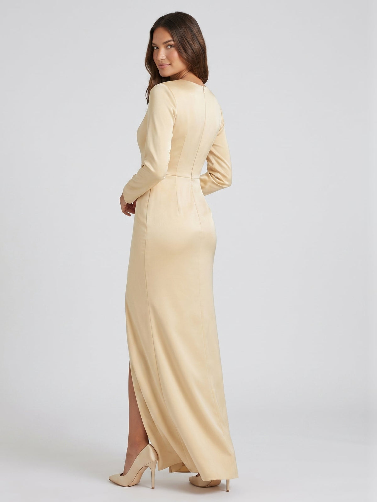 Champagne Satin Sheath V-Neck Back Zip Floor-Length Bridesmaid Dress - Curvevia