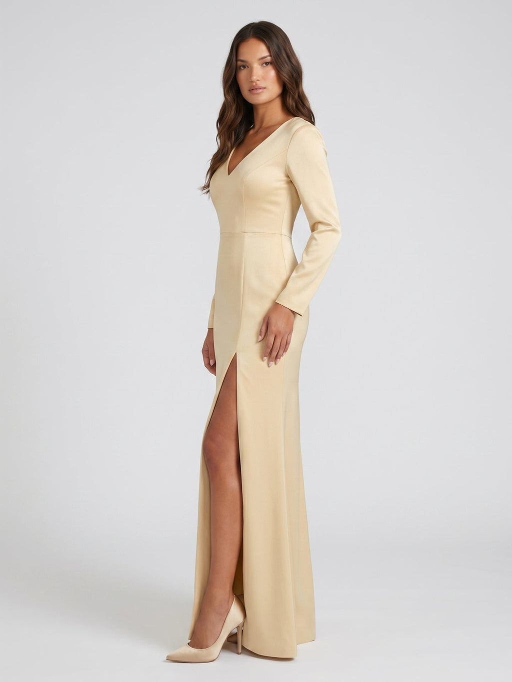 Champagne Satin Sheath V-Neck Back Zip Floor-Length Bridesmaid Dress - Curvevia