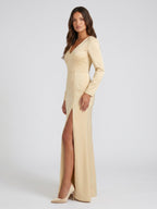 Champagne Satin Sheath V-Neck Back Zip Floor-Length Bridesmaid Dress - Curvevia