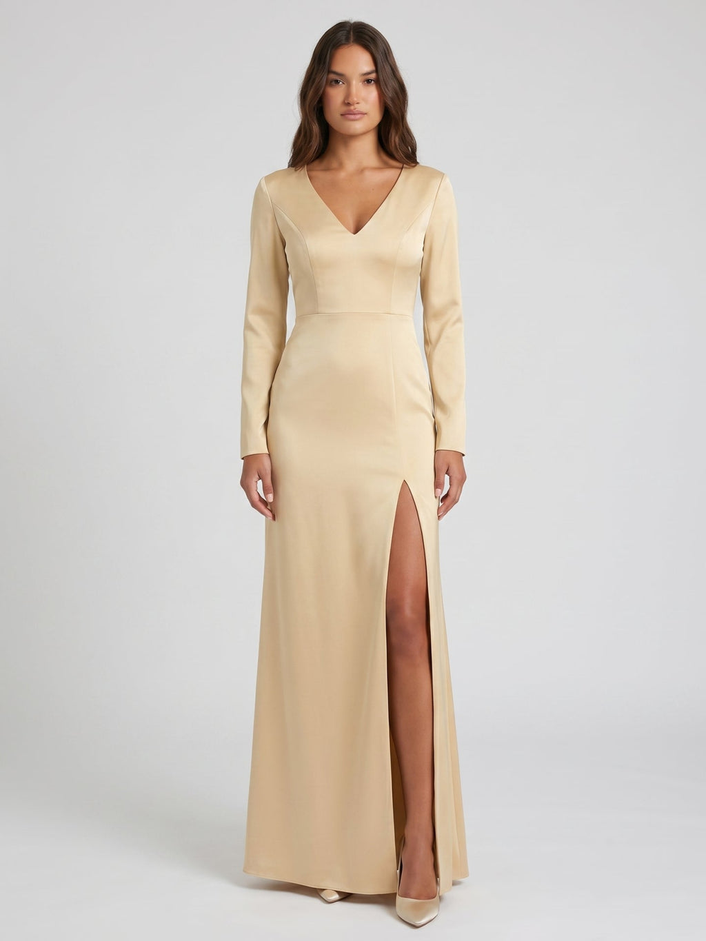 Champagne Satin Sheath V-Neck Back Zip Floor-Length Bridesmaid Dress - Curvevia
