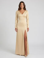 Champagne Satin Sheath V-Neck Back Zip Floor-Length Bridesmaid Dress - Curvevia