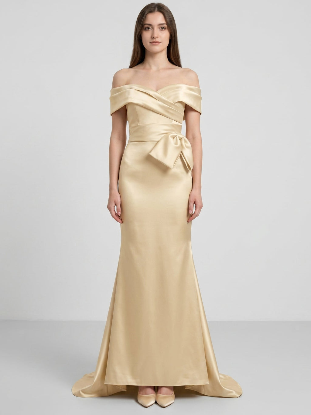 Champagne Satin Trumpet Off-Shoulder Back-Zip Floor-Length Bridesmaid Dress with Bow - Curvevia
