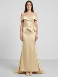Champagne Satin Trumpet Off-Shoulder Back-Zip Floor-Length Bridesmaid Dress with Bow - Curvevia