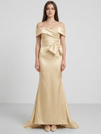 Champagne Satin Trumpet Off-Shoulder Back-Zip Floor-Length Bridesmaid Dress with Bow - Curvevia