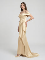 Champagne Satin Trumpet Off-Shoulder Back-Zip Floor-Length Bridesmaid Dress with Bow - Curvevia