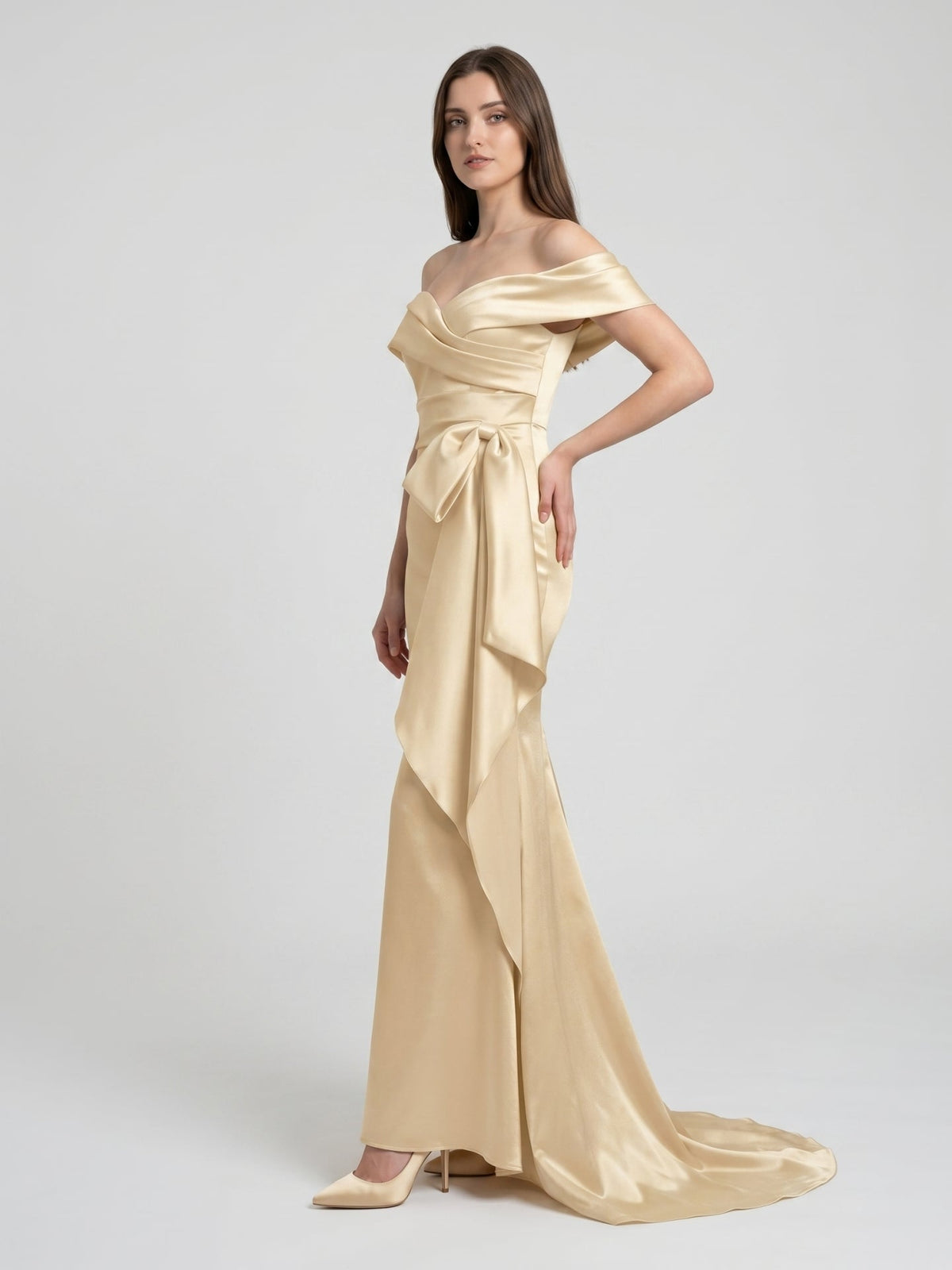 Champagne Satin Trumpet Off-Shoulder Back-Zip Floor-Length Bridesmaid Dress with Bow - Curvevia