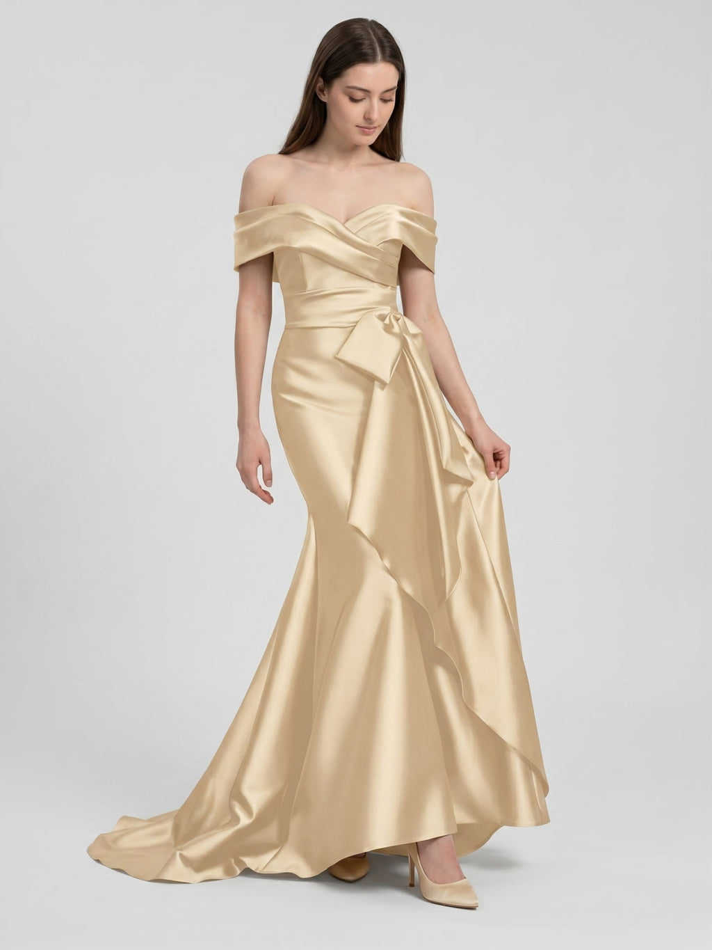 Champagne Satin Trumpet Off-Shoulder Back-Zip Floor-Length Bridesmaid Dress with Bow - Curvevia