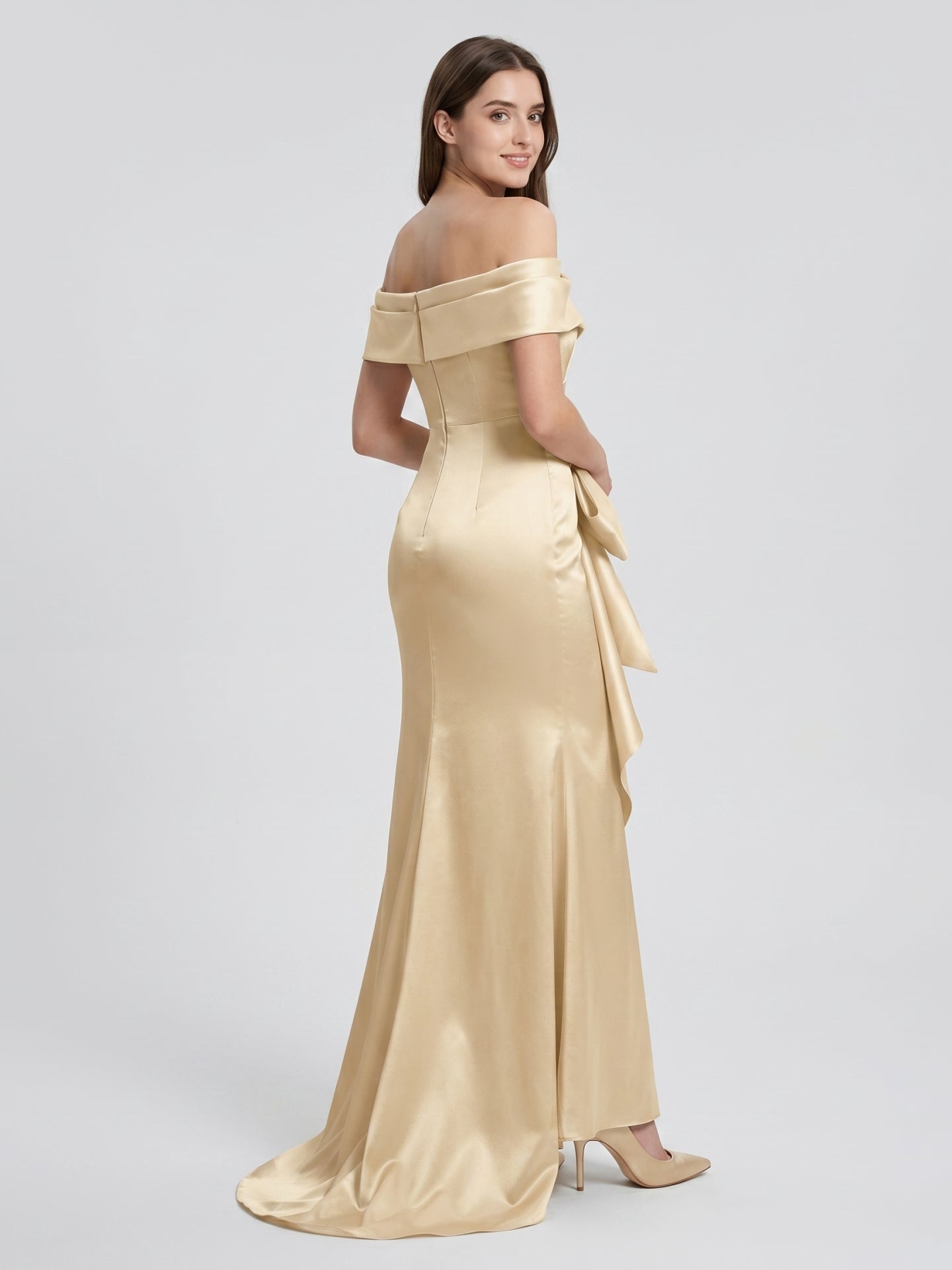 Champagne Satin Trumpet Off-Shoulder Back-Zip Floor-Length Bridesmaid Dress with Bow - Curvevia