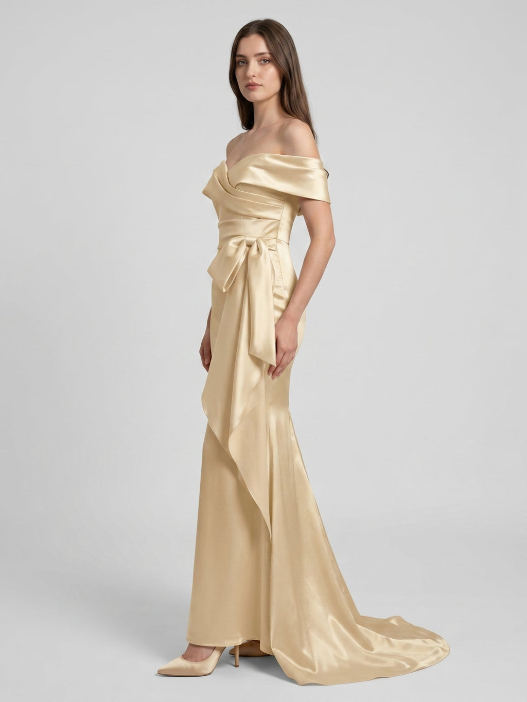 Champagne Satin Trumpet Off-Shoulder Back-Zip Floor-Length Bridesmaid Dress with Bow - Curvevia