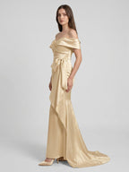 Champagne Satin Trumpet Off-Shoulder Back-Zip Floor-Length Bridesmaid Dress with Bow - Curvevia
