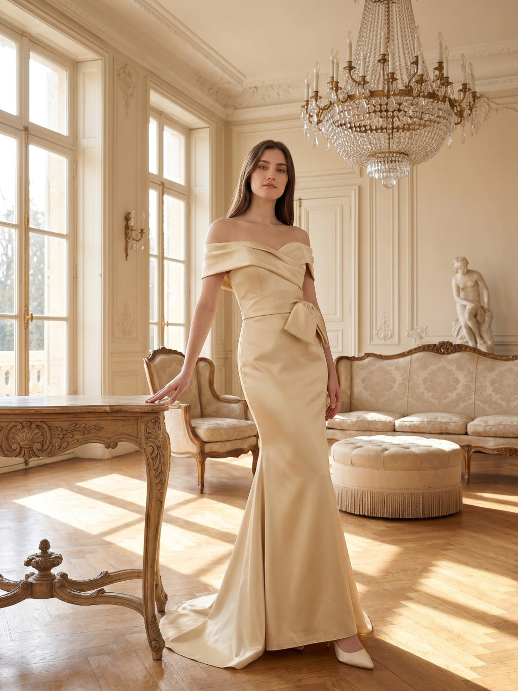 Champagne Satin Trumpet Off-Shoulder Back-Zip Floor-Length Bridesmaid Dress with Bow - Curvevia