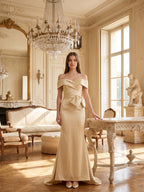 Champagne Satin Trumpet Off-Shoulder Back-Zip Floor-Length Bridesmaid Dress with Bow - Curvevia