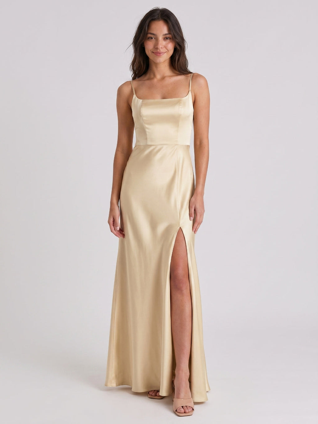 Champagne Satin Trumpet Square Neck Back Zip Floor-Length Bridesmaid Dress - Curvevia