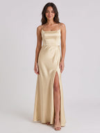 Champagne Satin Trumpet Square Neck Back Zip Floor-Length Bridesmaid Dress - Curvevia