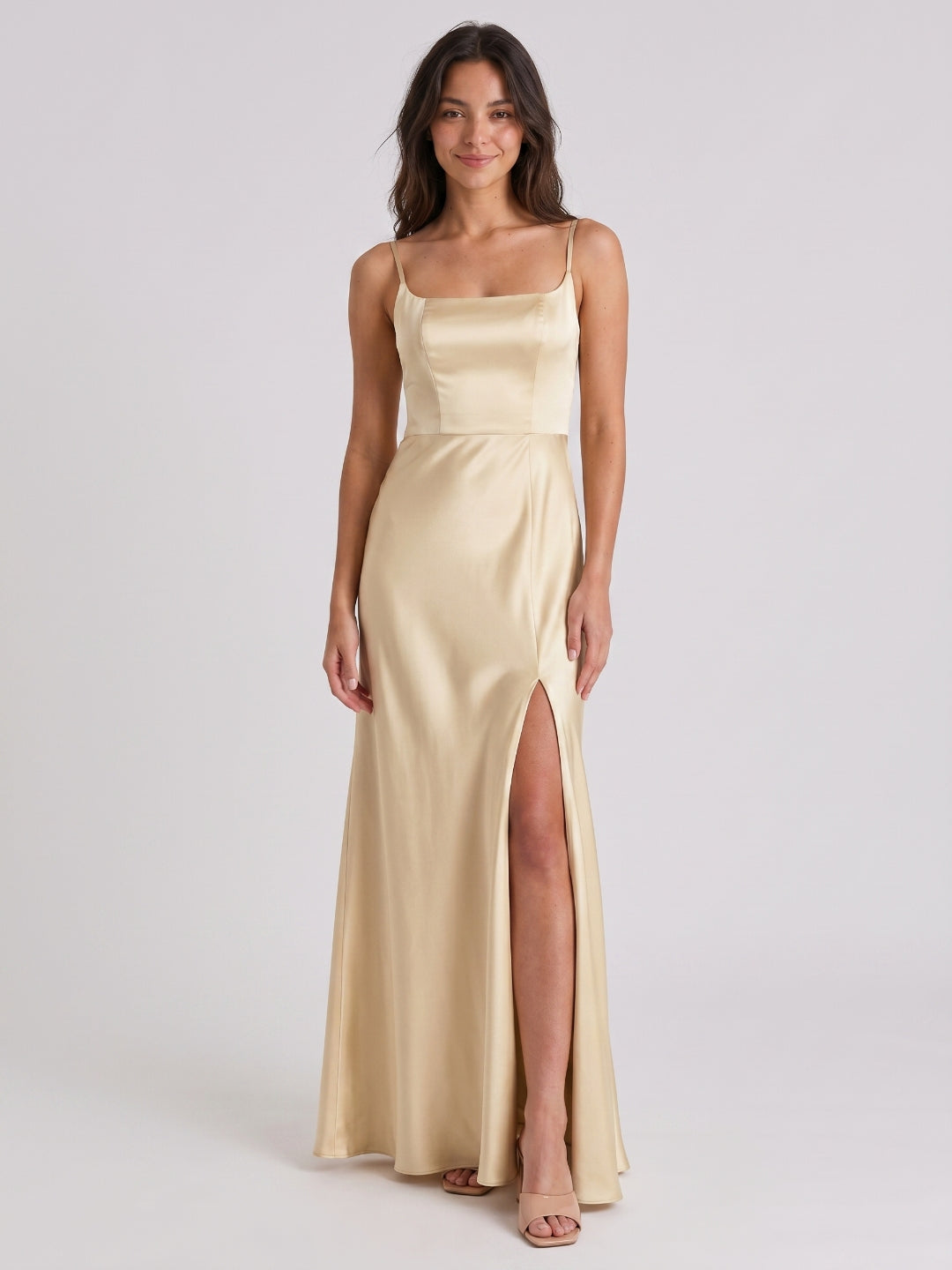 Champagne Satin Trumpet Square Neck Back Zip Floor-Length Bridesmaid Dress - Curvevia