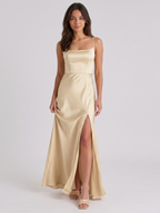 Champagne Satin Trumpet Square Neck Back Zip Floor-Length Bridesmaid Dress - Curvevia