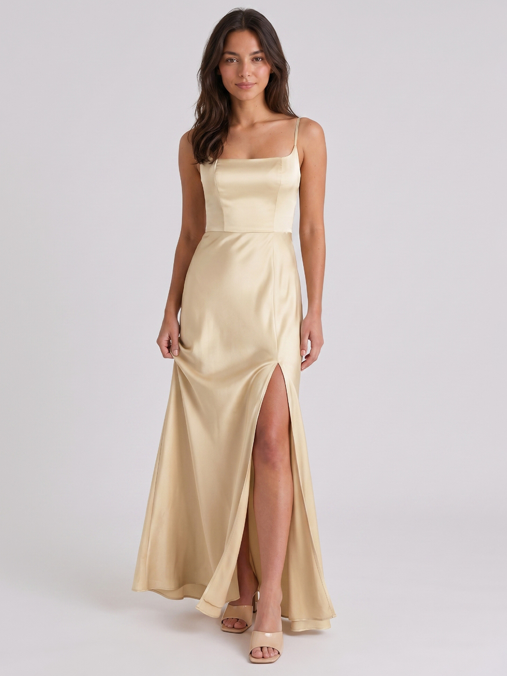 Champagne Satin Trumpet Square Neck Back Zip Floor-Length Bridesmaid Dress - Curvevia