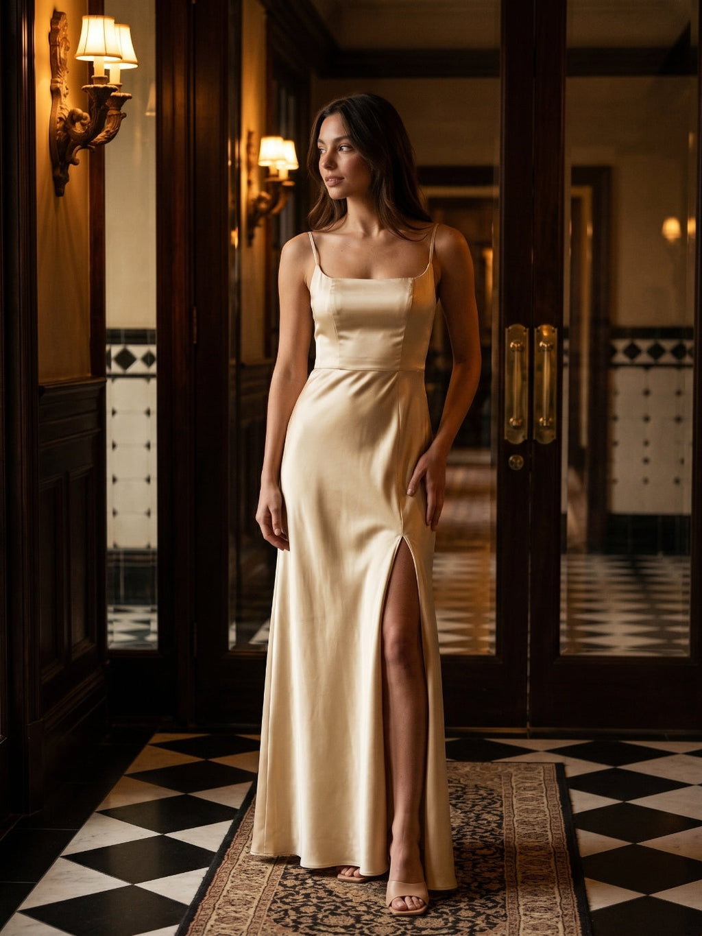 Champagne Satin Trumpet Square Neck Back Zip Floor-Length Bridesmaid Dress - Curvevia