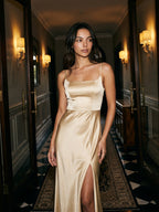Champagne Satin Trumpet Square Neck Back Zip Floor-Length Bridesmaid Dress - Curvevia