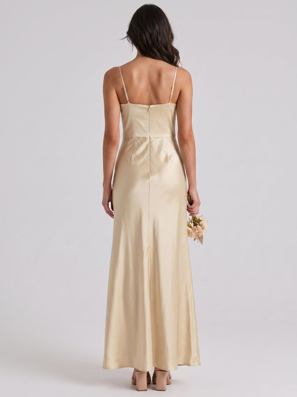 Champagne Satin Trumpet Square Neck Back Zip Floor-Length Bridesmaid Dress - Curvevia