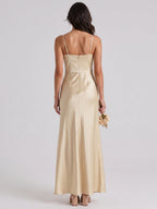 Champagne Satin Trumpet Square Neck Back Zip Floor-Length Bridesmaid Dress - Curvevia
